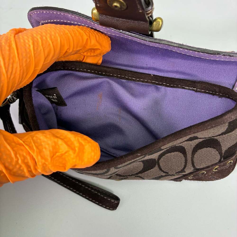 Coach Signature Canvas Leopard Print Calf Hair Purple Suede Buckle Wristlet - Picture 6 of 10